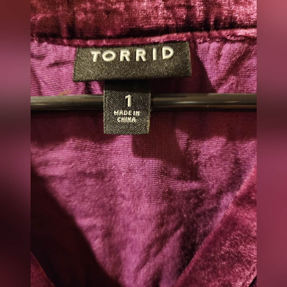 💕Torrid VELVET SPLIT NECK FLUTTER SLEEVE TOP Purple Size 1 - Picture 2 of 6